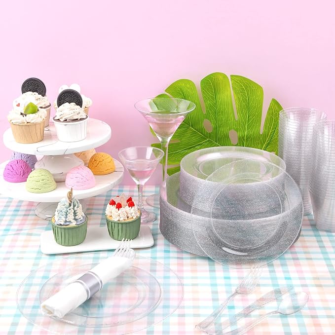 DaYammi 350 Pieces Silver Glitter Dinnerware Set 50 Guest for Party- 50 Dinner Plates, 50 Dessert Plates- 50 Per Rolled Napkins with Silver Cutlery- 50 Disposable Cups 9 OZ