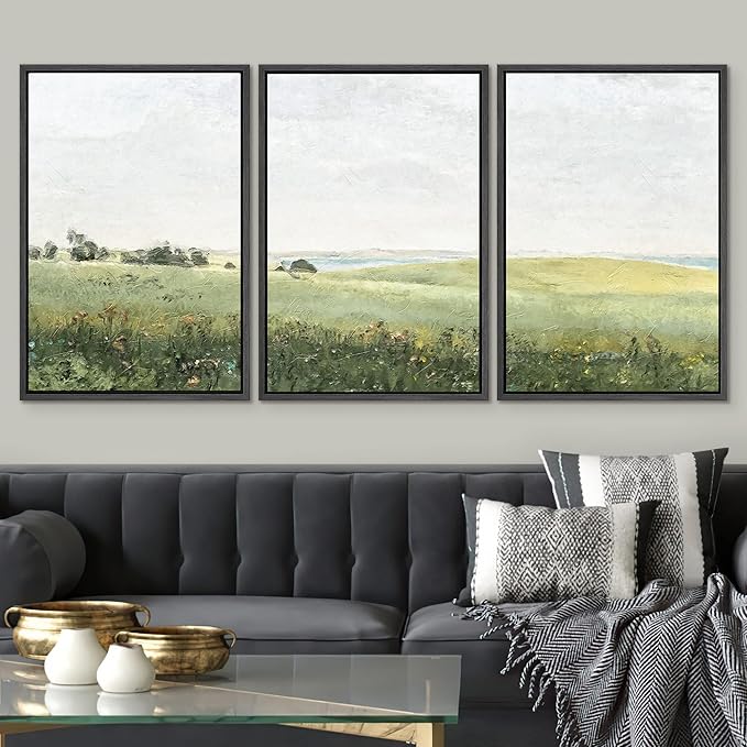 SIGNWIN Framed Canvas Print Wall Art Set Green Pasture Countryside Flower Field Nature Abstract Illustrations Modern Art Decorative Nordic Rustic for Living Room, Bedroom, Office - 24"x36"x3 Black