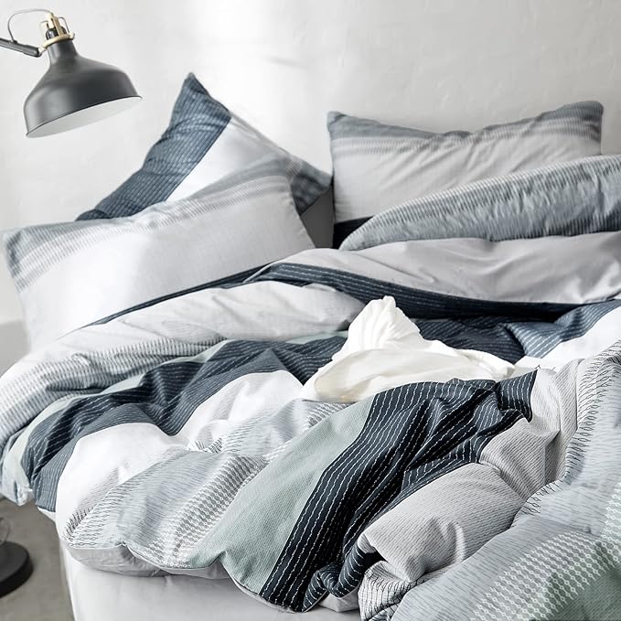 VM VOUGEMARKET Bedding Striped Duvet Cover Queen,3 Pieces Blue Gray Duvet Cover Sets, Cotton,Modern Simple Comforter Cover for Teens Men-Full/Queen,Martin