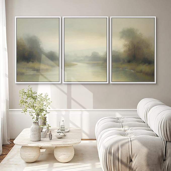 SIGNWIN Framed Wall Art Print Set Misty River Landscape Soft Neutral Nature Scene Photography Modern Art Closeup Relax/Calm Dark for Living Room, Bedroom, Office - 24"x36"x3 White