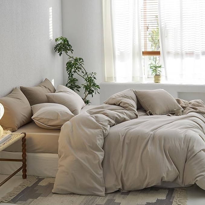 MooMee Super Queen Duvet Cover Set, 100% Washed Cotton Linen Like Twill Thick Sturdy Material Super Soft Breathable Durable Bedding for All Season, 3 Pieces (Cream Grey, Super Queen 90"x98")
