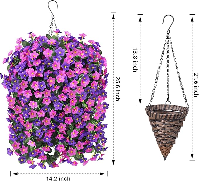 Artificial Faux Fall Hanging Flowers Plants Baskets for Outdoor Outside, Fake Silk Dark Purple Fuchsia Orchid Trailing Vines in Planter Realistic UV Resistant for Balcony Porch Decor