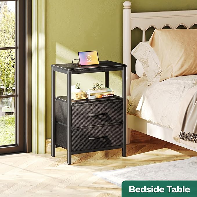 Huuger Nightstands Set of 2, End Tables with Charging Station, Side Tables with Fabric Drawers, Bedside Tables with USB Ports and Outlets, Night Stands for Bedroom, Black