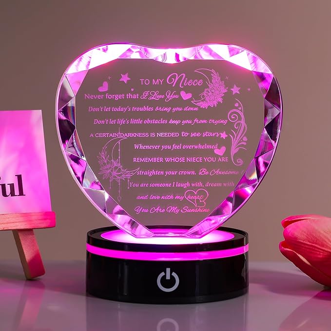 YWHL Niece Gifts from Auntie Uncle Heart Crystal Inspirational Graduation Gift for Niece with Colorful LED Base Unique Niece Gifts from Aunt on Birthday Christmas Valentine Day