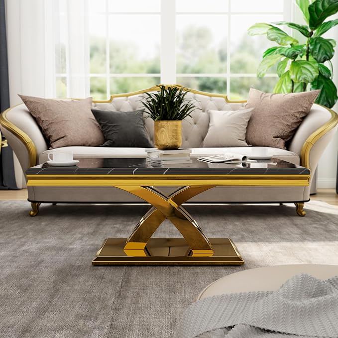 AUZ 48“ Black and Gold Coffee Table for Living Room, Guest Hall, Luxury Rectangle Center Table with Polished Metal Base