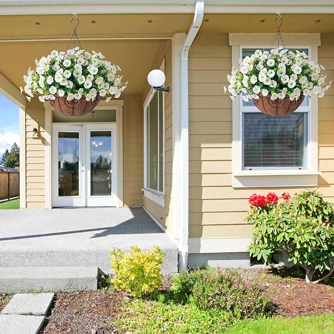 Artificial Fake Hanging Flowers Plants Baskets for Outdoor Decoration, Faux Silk Morning Glory in Planter UV Resistant Realistic for Home Outside Porch Patio Balcony Garden Yard, White