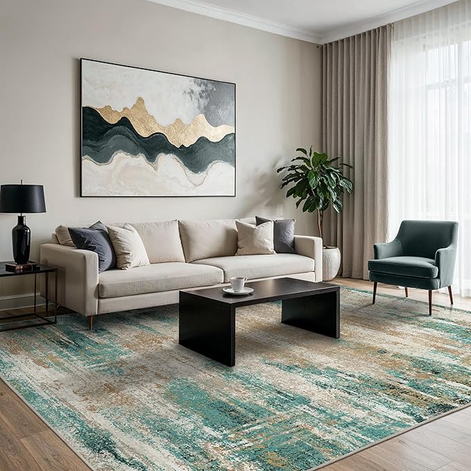 GENIMO Washable Rug-6x9 Area Rugs Lightweight Foldable, Modern Pet Friendly Low Pile Carpet for Living Room, Bedroom, Playroom, Emerald Ripples