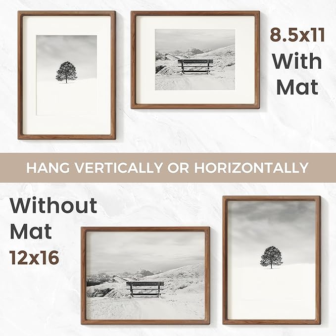 12x16 Picture Frame, USA-Sourced Natural Walnut Wood Photo Frame with Tempered Glass, Handcrafted Rounded Corner 12 x 16 Wooden Frame Matted to 8.5x11 Photos, Horizontal or Vertical Wall Mounting