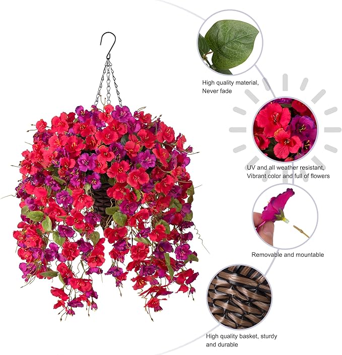 Ivydale Artificial Faux Hanging Flowers Plant Baskets for Outdoors Decoration, Fake Hibiscus UV Resistance Realistic Silk Flower for Outside Home Patio Porch Balcony Garden Wedding, Mix