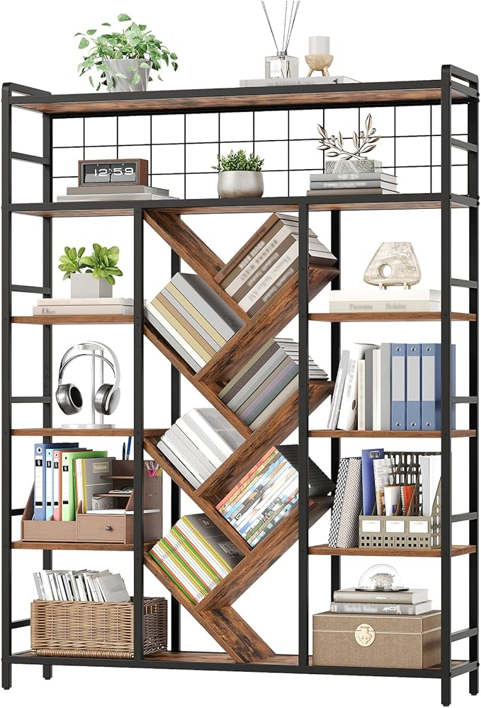 Triple 6-Tier Bookshelf, Industrial Large Bookcase with 18 Open Display Shelves, Modern Tree Bookcase with Metal Frame and Hanging Function for Living Room, Home Office, Rustic Brown and Black