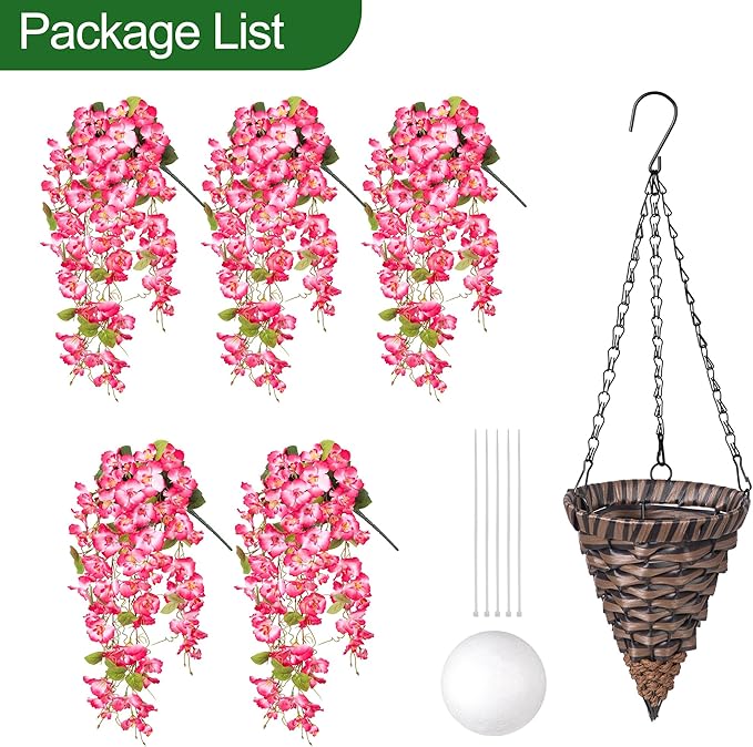 Artificial Fake Hanging Hibiscus Flowers Plants Baskets for Outdoor Decoration, Faux Silk Hibiscus Long Vines in Planter UV Resistant Realistic Flowers for Outside Porch Patio Home Decor, Pink