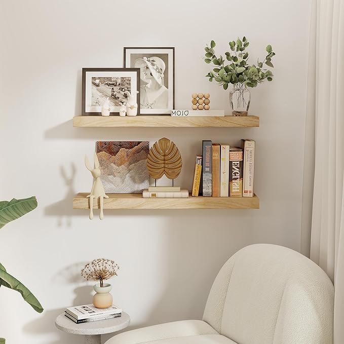 fuqing Floating Shelves for Wall - 36 Inch Natural Wood Shelves Set of 2-9.3 Inch Deep Wooden Wall Shelves with Upgraded Metal Brackets for Room