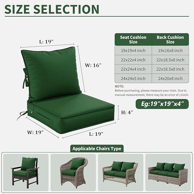 Premium Outdoor Seat Cushion Chair Cushions for Patio Furniture 19 L X 19 W X 4 H Waterproof & Fade Resistant Deep Seat and Backrest Cushion Set with Removable Covers for Chair, Sofa