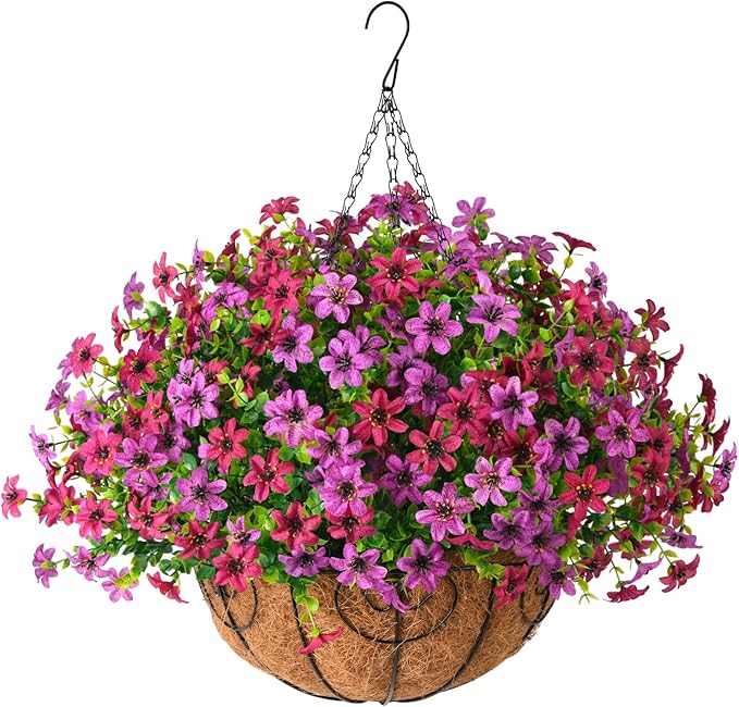 INQCMY Artificial Hanging Flowers Plants Basket for Outdoor Spring Summer Decoration,Fake Silk Colorful Daisy in Planter UV Resistant Realistic for Outside Home Porch Patio Yard Balcony Decor