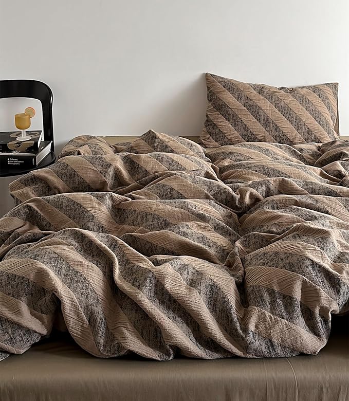 VM VOUGEMARKET Striped Bedding Duvet Cover King,3 Pieces Grey Khaki Diagonal Stripes Duvet Cover Sets,Linen Cotton Modern Simple Jacquard Comforter Cover with Zipper Ties