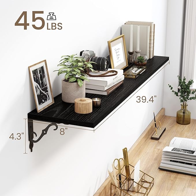 Fun Memories 40 Inch Floating Shelves Wall Mounted, 8 Inch Deep Wall Shelves with Bracket, Rustic Hanging Bookshelf, 40" Bookshelves for for Living Room, Kitchen and Bedroom, Black, Set of 2
