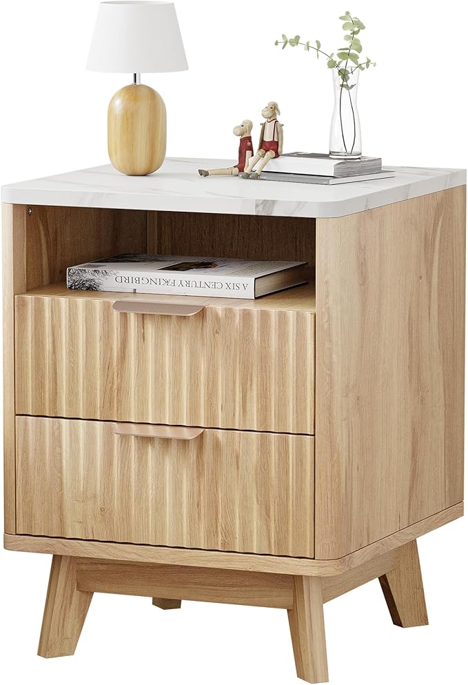 Fluted Nightstand with 2 Drawers, 18" Modern Bed Night Stand with Faux Marble Top, Open Storage Shelf, Curved Edge Bedside Table for Bedroom, Living Room End Side Table, Natural Oak