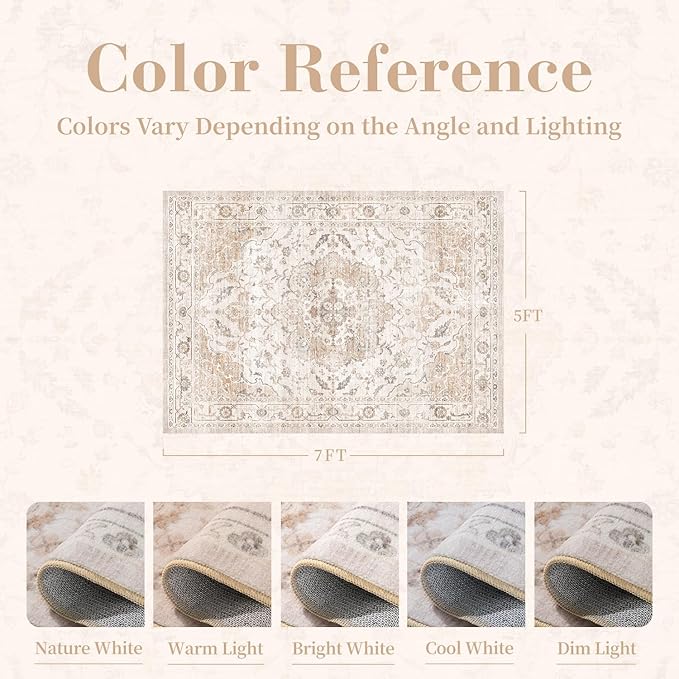 PADOOR-Vintage Area Rug 5X7 Rugs for Living Room-Soft Beige Rugs for Bedroom-Machine Washable Rugs Non Slip Carpet-Rug for Dining Room Living Room Bedside Office