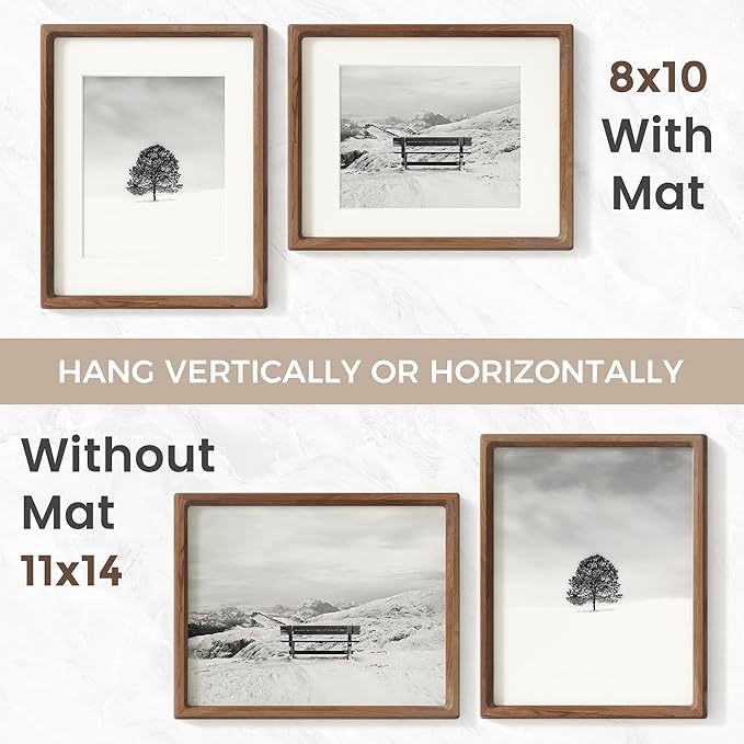 11x14 Picture Frame Set of 2, USA-Sourced Walnut Wood Photo Frame with Tempered Glass, Handcrafted Rounded Corner 11 x 14 Wooden Frame Matted to 8x10 Photos, Wall or Tabletop Display
