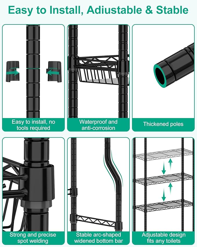 Bathroom Organizer Over The Toilet Storage, 4-Tier Metal Bathroom Over Toilet Storage Shelf Rack Freestanding Space Saver with Adjustable Shelves and Baskets, Black
