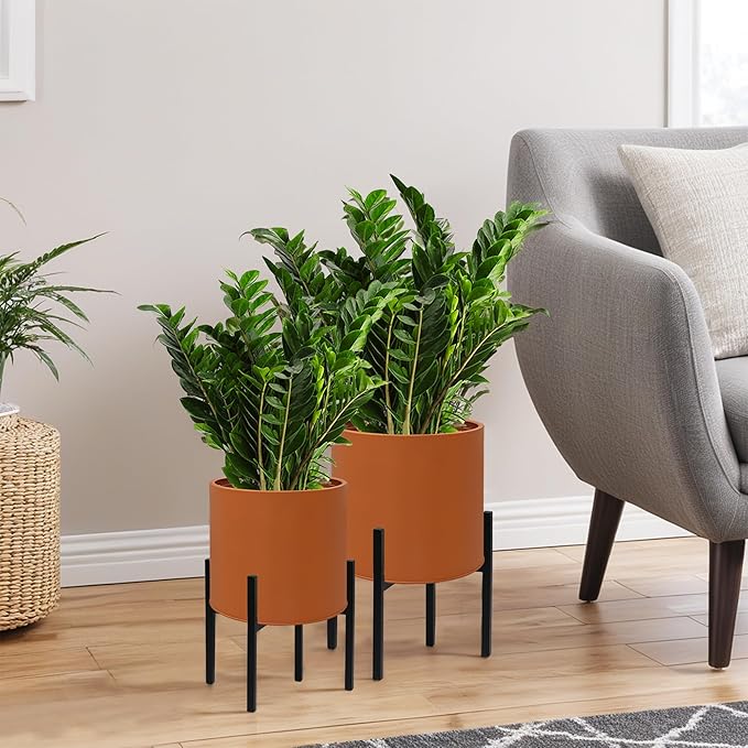 ARNIS Modern Plant Pots, Set of 2 Large Planters with Stand, Decorative Planters, Metal Pots with Drainage Holes for Living Room, Office, Garden or Balcony, 8.25 &10.5 Inch