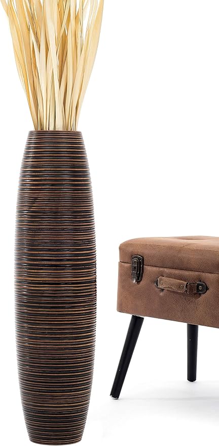 Leewadee Large Brown Home Decor Floor Vase – Wooden 26 inches Tall Farmhouse Decor Flower Holder for Fake Plant and Pampas Grass