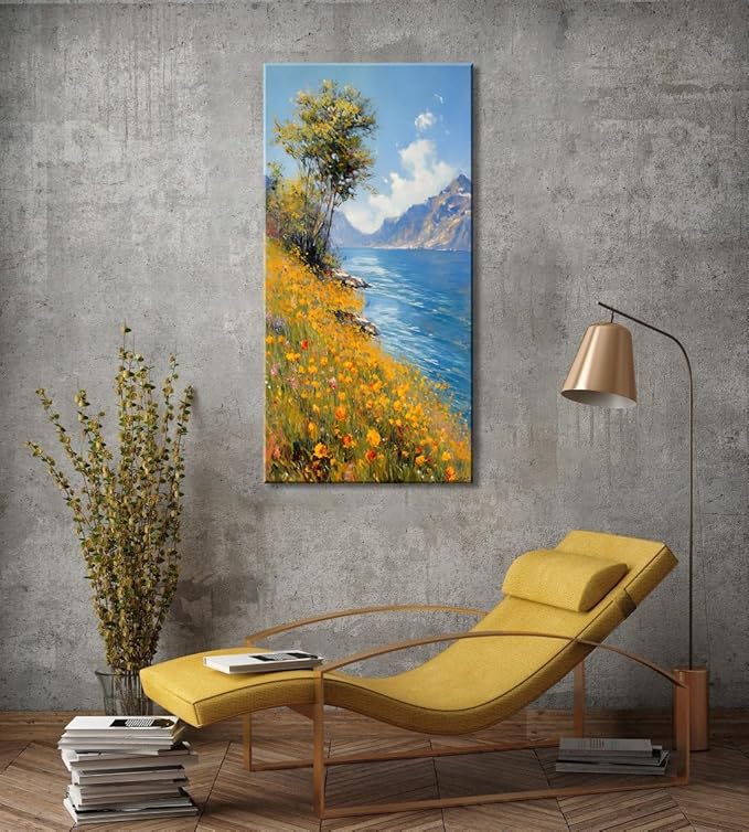 Vertical Landscape of Wild Flowers and Green Trees on The Lakeside Wall Art Decor Artwork for Bedroom (24x48 Inches)
