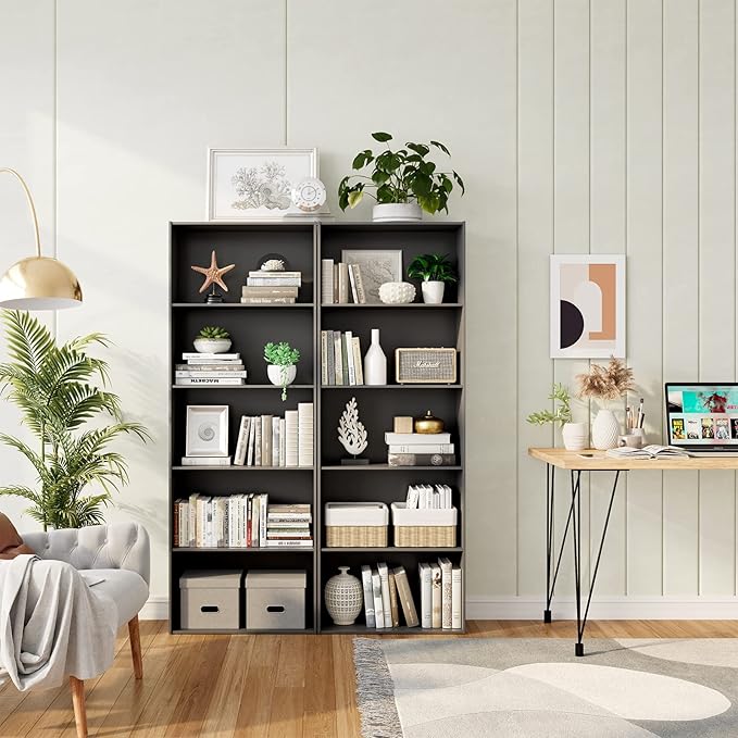 Tangkula 5-Tier Bookcase, 67” Tall Freestanding Bookshelf with 5 Open Shelves, Anti-Toppling Kits, Floor Display Storage Organizer for Living Room, Study, Kitchen, Home & Office (Black, 67" H)
