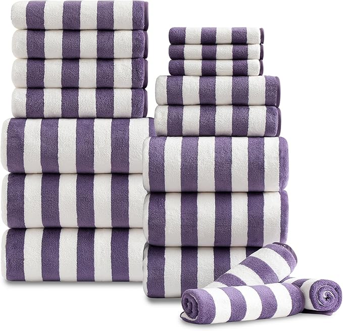 18 Pcs Purple Cabana Stripe Family Towels Set with Hanging Loop-6 Bath Sheets,6 Hand Towels,6 Washcloths Ultra Soft Bathroom Towel Highly Absorbent Quick Dry Shower Towel for Beach Chair,Spa,Gym,Hotel
