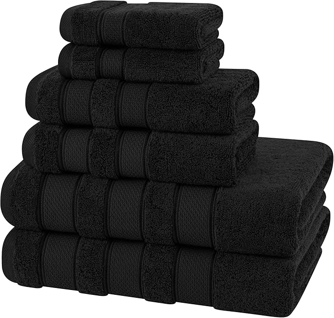 American Soft Linen Salem Turkish Bath Towel Set, 100% Cotton 600 GSM 6 Piece Towels for Bathroom, 2 Bath Towels 2 Hand Towels 2 Washcloths, Black