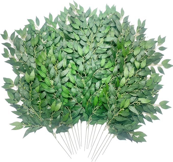 Artificial Italian Ruscus Greenery Stems, 30Pack Faux Green Leaf Garland Branches Hanging Greenery Spray for Wedding Bouquet Arch Table Centerpiece Home Decor (8 Laterals Stems-30Pack)