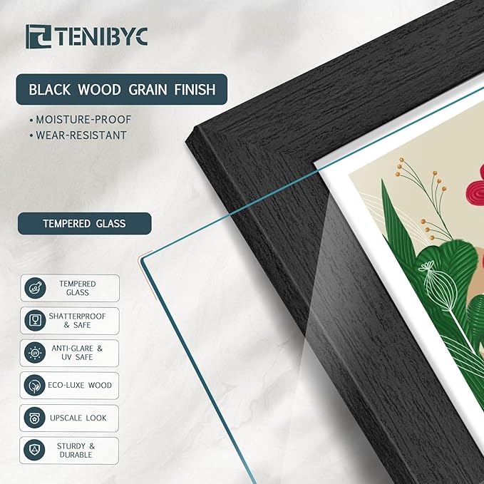 11x17 Picture Frame 4 Pack, Black Wood Poster Frame with HD Tempered Glass, Elegant Wood Grain, Wall Hanging
