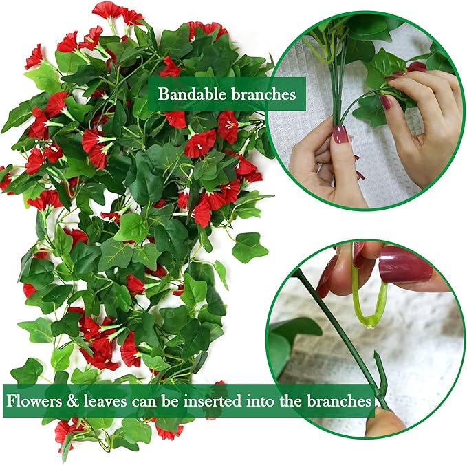 4 PCS Faux Hanging Plants Outdoor Artificial Hanging Red Flowers for Outdoors Faux Outdoor Plants for Planters Look Real for Outside Home Indoor Porch Patio Yard Decor