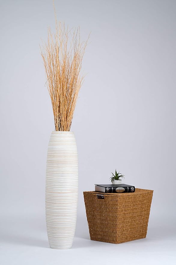 Leewadee Large White Wash Home Decor Floor Vase – Wooden 34 inches Tall Farmhouse Decor Flower Holder for Fake Plant and Pampas Grass
