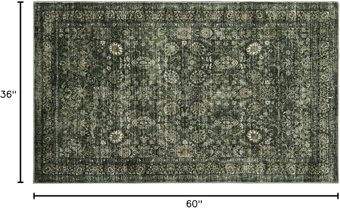Morebes Vintage Throw Rugs, 3x5 Washable Rug Non Slip, Soft Area Rug for Bedroom,Distressed Non-Shedding Floral Rug for Entryway Bathroom Kitchen Foyer Bedside Playroom,Dark Green