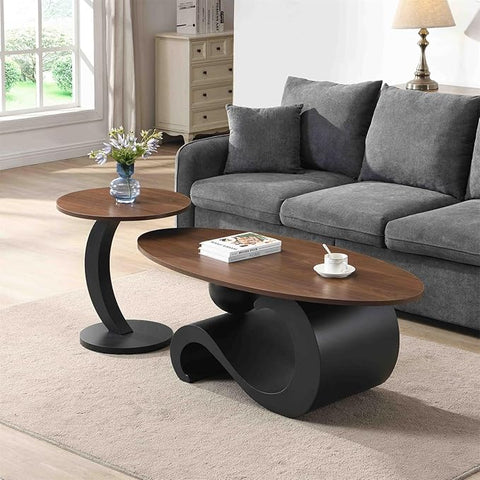 2 Piece Living Room Set, Modern Nest Coffee Table Set of 2, Wooden Brown Tabletop Oval Coffee and End Table Set with Black Metal Geometric Base