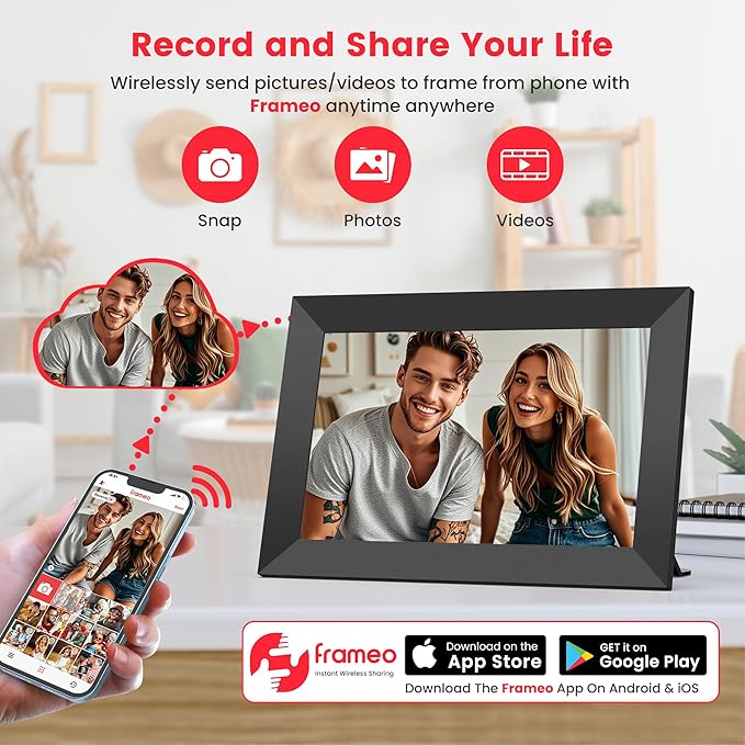 Frameo 10.1 Inch WiFi Digital Picture Frame, Smart Cloud Electronic Photo Frame with HD IPS Touch Screen Slideshow 32GB Memory Auto-Rotate Wall Mount, Share Photos/Videos from Phone by Frameo App