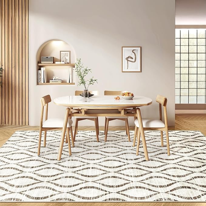 WITSHOCK 8x10 Area Rugs for Bedroom: Washable Non-Slip Soft Geometric Boho Low Pile Large Thin Indoor Rug for Living Room Dining Room, Carpet for Nursery Playroom Decor, Kid & Pet Friendly, Brown