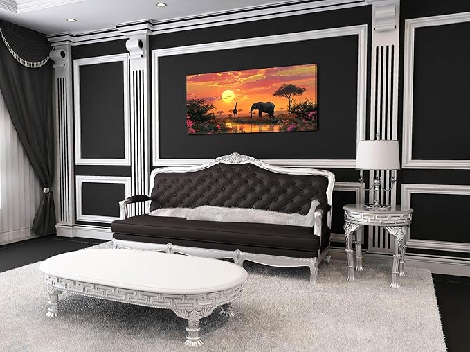 Giraffe and Elephant on Grassland Wall Art Decor Artwork for Bedroom (30x60 Inches)