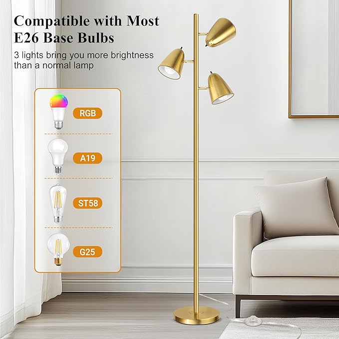QiMH Tree Floor Lamp with 3 Light Bulbs, Standing Tall Pole Lamps for Living Room Bedroom Office, Reading Stand up Lamps with 3 Adjustable Arms, Brushed Gold