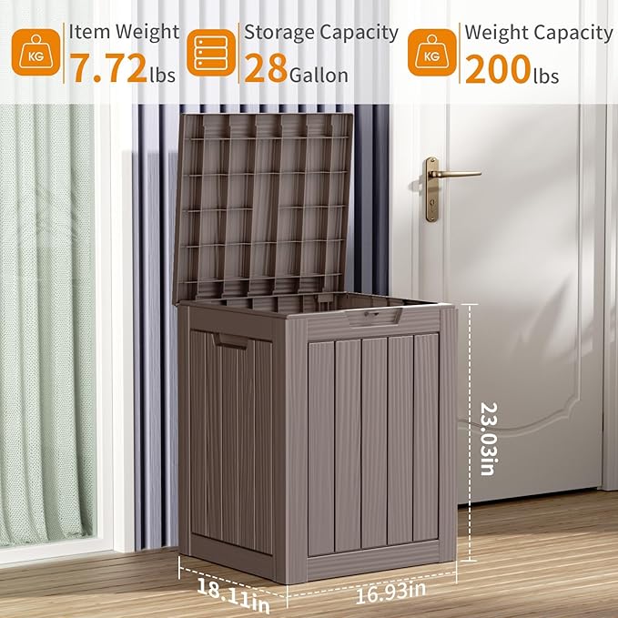 28 Gallon Deck Box,Resin Outdoor Storage Box with Lockable for Patio Furniture, Pool Accessories, Garden Tools Waterproof Outside Storage Box, (Grey)
