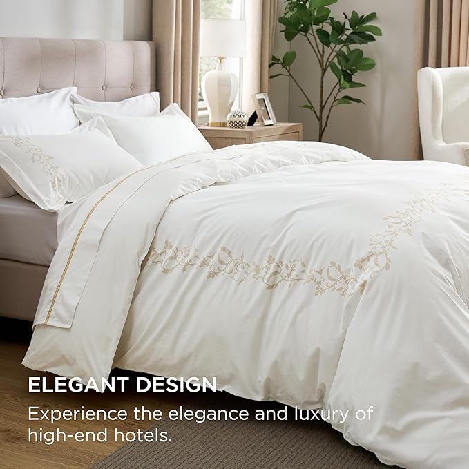 Bedsure Luxury Hotel Duvet Cover Queen Size, 100% White Cotton Curly Frame Bedding Set, Includes 1 Duvet Cover 90x90 Inches with Zipper Closure & 2 Pillow Shams, Comforter Sold Separately