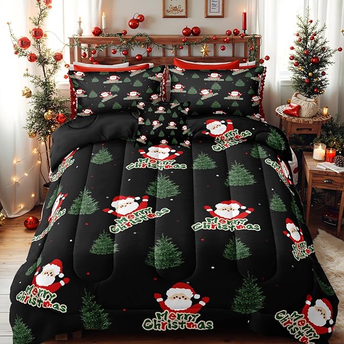Bedorm Green Christmas Tree Comforter Santa Claus Bedding Set Merry Xmas Holiday Bedroom Decor White Snowflake Black Winter Comforter Set Queen Size