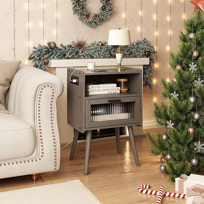 Mid Century Modern Nightstand with Charging Station, Bedside Tables with Glass Drawer, End Table Side Table with 2 Tiers Storage Space, for Bedroom, Living Room, Dark Grey