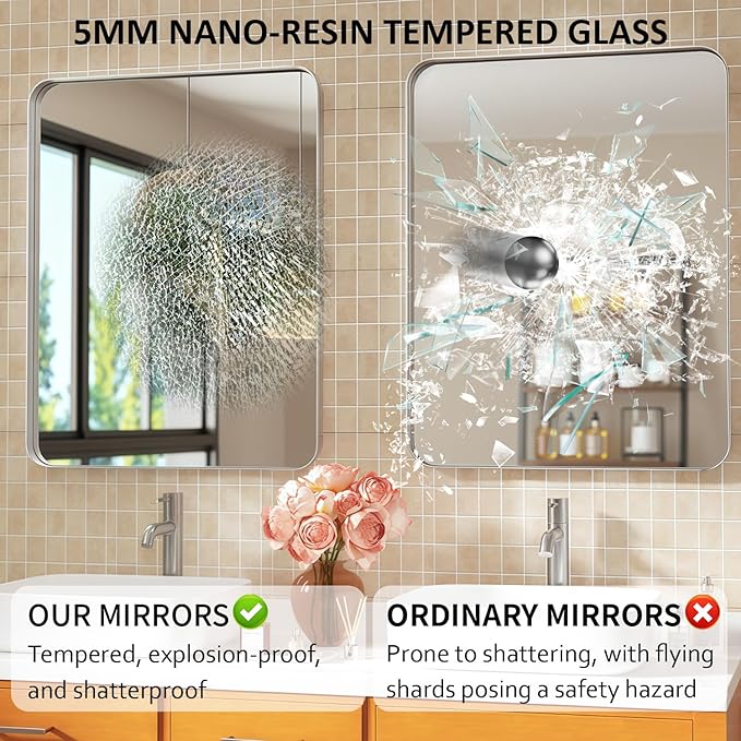 30×36 Silver Bathroom Vanity Mirror - Rectangle Mirror for Over Sink with Tempered Glass & Rounded Corners for Entryway, Restroom, Bedroom Horizontal/Vertical Wall-Mounted, Farmhouse Modern