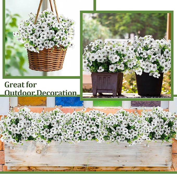 Zeyune 56 Bundles Artificial Flowers Fake UV Resistant for Outdoor Plastic Greenery Shrubs Plants No Fade Faux Flower for Garden Porch Patio Window Wedding Party Decor(White,Elegant)
