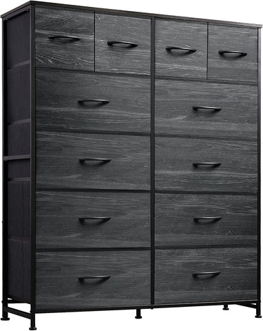 WLIVE Storage Organizer Unit with 12 Fabric Bins, Storage Drawers Organizer with Steel Frame, Tall Storage Tower Organizaton for Living Room, Hallway, Office, Charcoal Black Wood Grain Print
