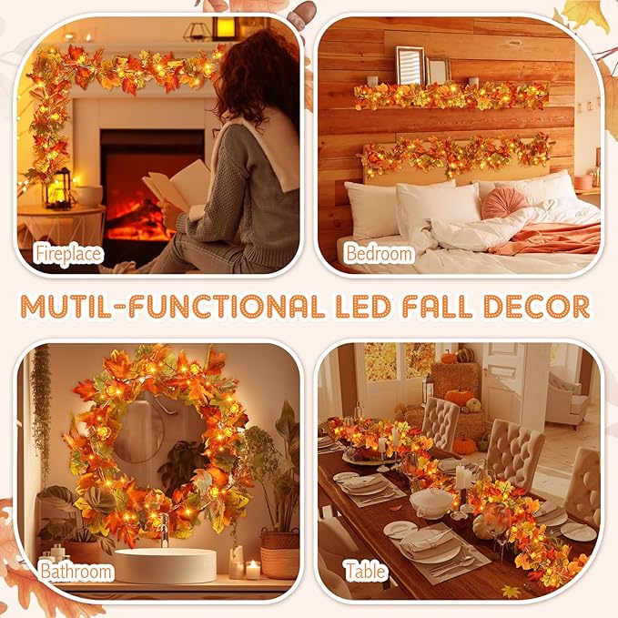 VIHOSE 2 Pack Thanksgiving Maple Leaves Garland Fall Decor 11.5 ft 40 LED with Pumpkin Lights Battery Operated and Timer Remote for Home Thanksgiving Halloween Decor(Orange Green)