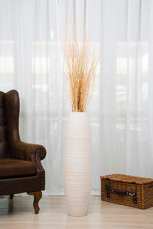 Leewadee Large White Wash Home Decor Floor Vase – Wooden 34 inches Tall Farmhouse Decor Flower Holder for Fake Plant and Pampas Grass