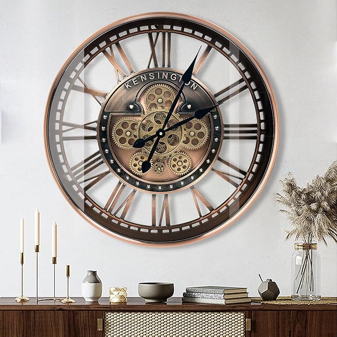 DORBOKER Real Moving Gears Wall Clock Large Modern Metal Clocks for Living Room Decor, Industrial Steampunk Unique Vintage Rustic Decorative Clock for Home Farmhouse Office, 21 Inch,Red Copper Roman